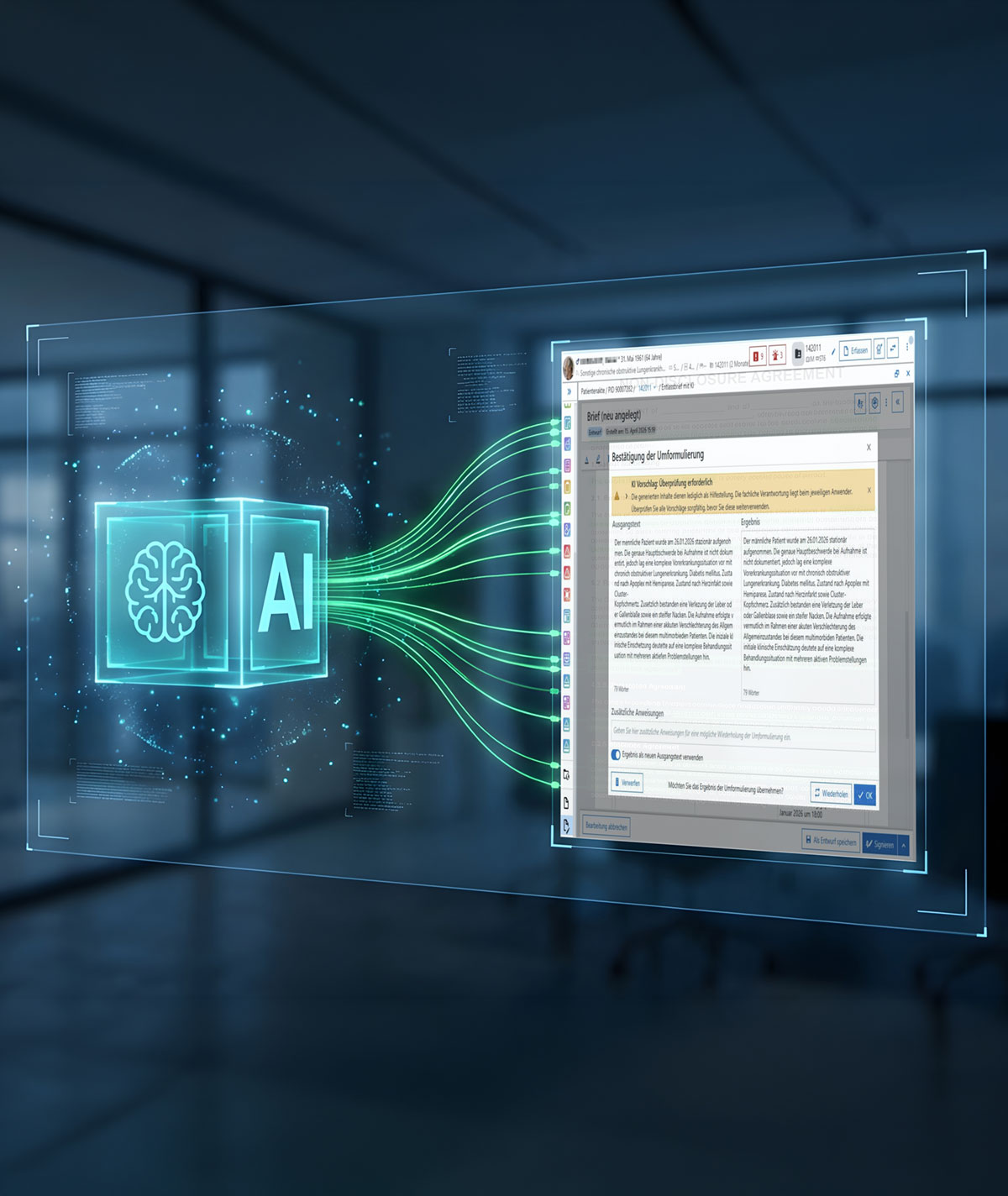 ORBIS Intelligent Text Engine KI-gestützte Textbearbeitung direkt im klinischen Workflow Medizinische Dokumentation ist ein wesentlicher Bestandteil des klinischen Alltags. Die ORBIS Intelligent Text Engine unterstützt Anwenderinnen und Anwender mithilfe Künstlicher Intelligenz bei der Erstellung und Überarbeitung medizinischer Texte – direkt in ORBIS.