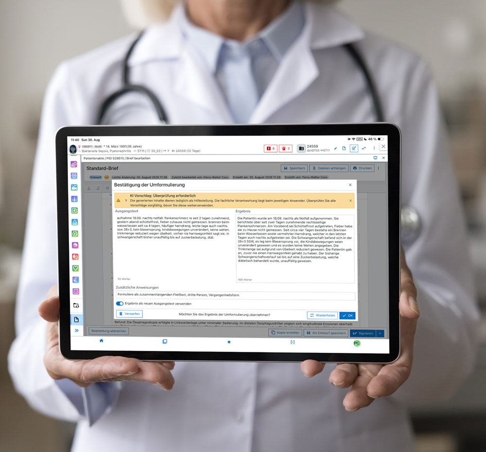 ORBIS Intelligent Text Engine KI-gestützte Textbearbeitung direkt im klinischen Workflow Medizinische Dokumentation ist ein wesentlicher Bestandteil des klinischen Alltags. Die ORBIS Intelligent Text Engine unterstützt Anwenderinnen und Anwender mithilfe Künstlicher Intelligenz bei der Erstellung und Überarbeitung medizinischer Texte – direkt in ORBIS.